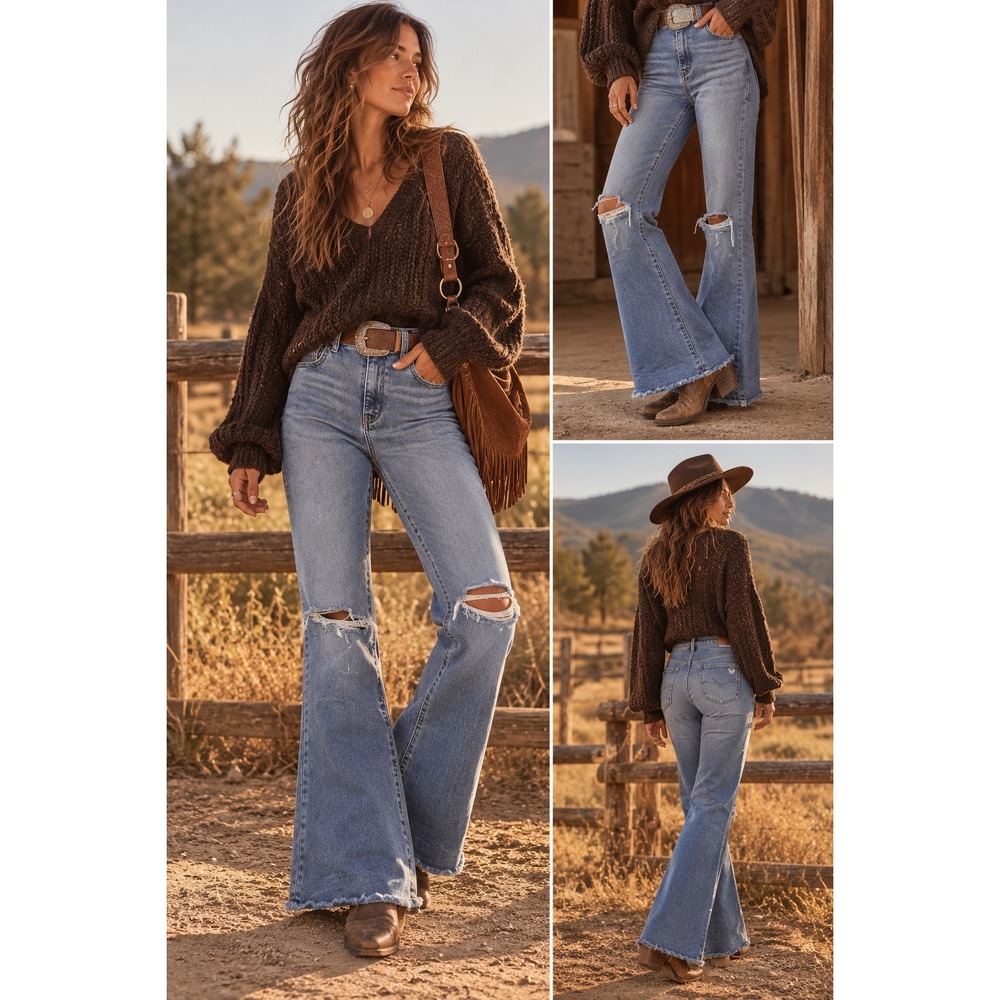 American Eagle Flare Jeans Blue Distressed High Rise Boho Size 8